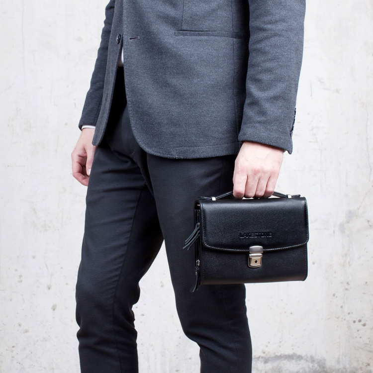 Мужская барсетка кожаная с короткой ручкой Evans Black